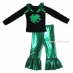 Black Tank Top Kelly Green Ruffles & Bows & Sparkle Little Heart Clover Painting & Kelly Green Shiny Pants Set P065
